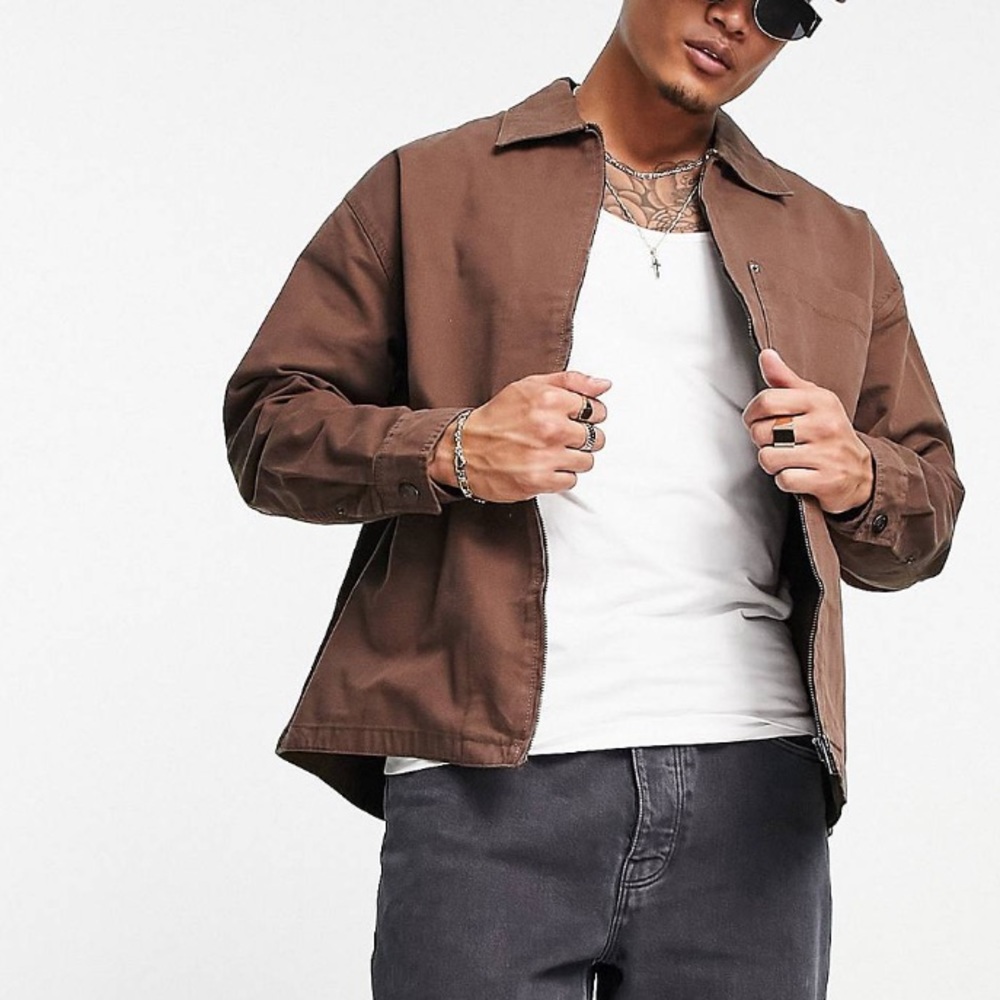 Bershka zip through overshirt in brown - Picture 3 of 9